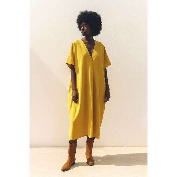 Zara Mustard Yellow Linen Blend Midi Dress | V-Neck Oversized Kaftan | XS - Picture 1 of 11